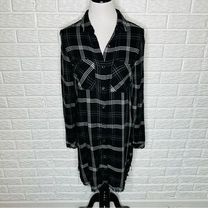 ANTHROPOLOGIE Cloth & Stone Plaid Flannel Shirt Dress Black White Frayed Hem S